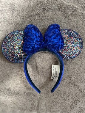 2020 Blue Sequin Minnie Ears Headband with Rainbow Glitter Accents